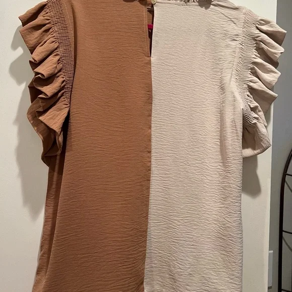 JODIFL Beige and Brown Ruffle Sleeve Blouse - Picture 2 of 3